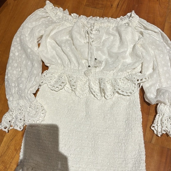 SPELL & the gypsy co white Mini dress Chain Ruched smocked eyelet sleeves - Picture 7 of 16